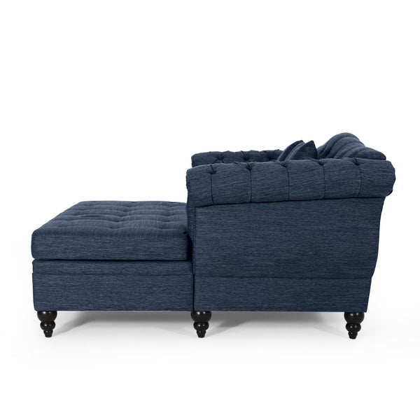 English Elm Christopher Knight Home® - LOVESEAT Double Chaise Lounge with Nailhead Trim and Button Tufting, Scroll Arms, Elegant Accent Pillows Navy Blue 54 L x 33 W x 17.5 H N776P298704N