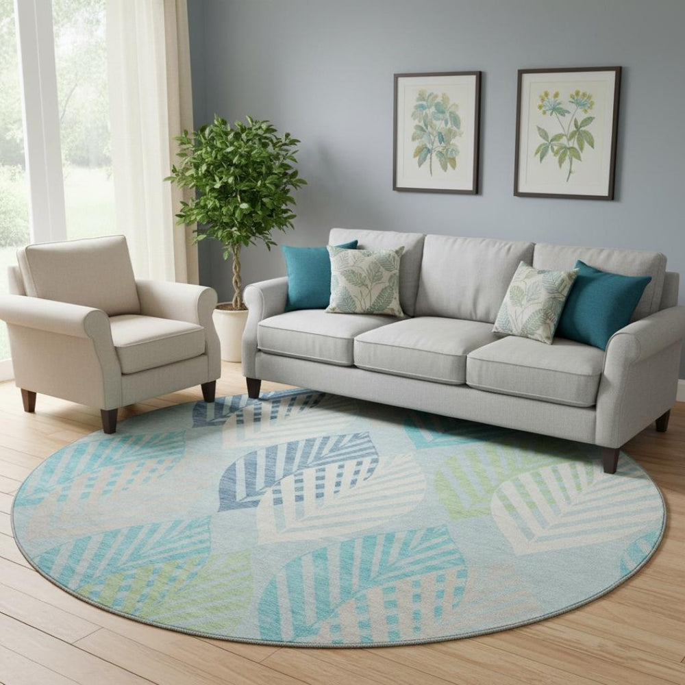 HomeRoots 8' Teal Ivory Green Floral Washable Round Rug with UV Protection for Indoor & Outdoor Living Spaces 662744
