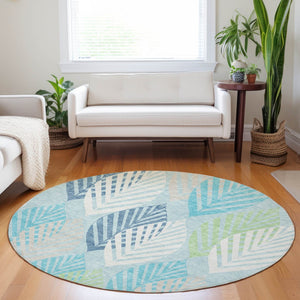 HomeRoots 8' Teal Ivory Green Floral Washable Round Rug with UV Protection for Indoor & Outdoor Living Spaces 662744