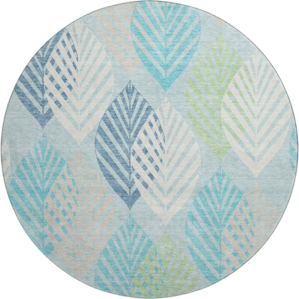 HomeRoots 8' Teal Ivory Green Floral Washable Round Rug with UV Protection for Indoor & Outdoor Living Spaces 662744