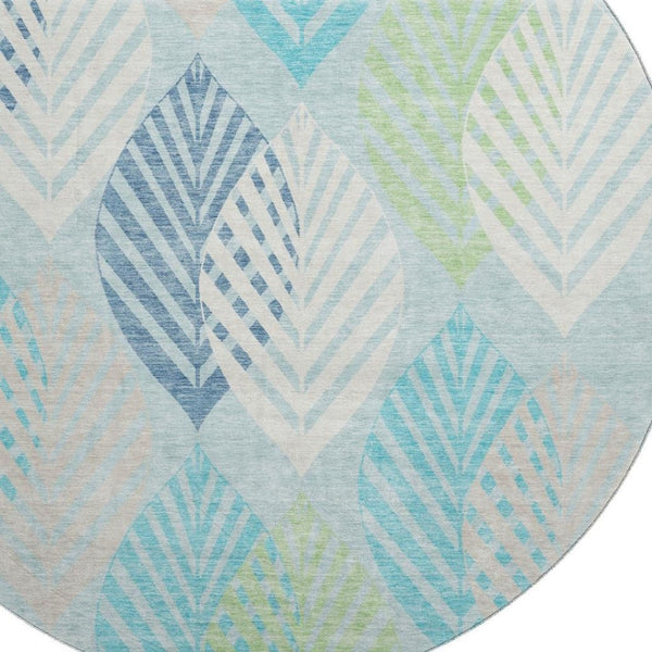 HomeRoots 8' Teal Ivory Green Floral Washable Round Rug with UV Protection for Indoor & Outdoor Living Spaces 662744