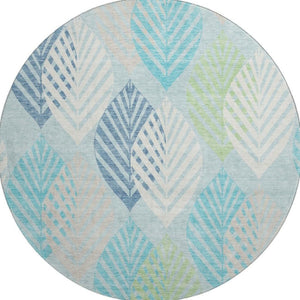HomeRoots 8' Teal Ivory Green Floral Washable Round Rug with UV Protection for Indoor & Outdoor Living Spaces 662744