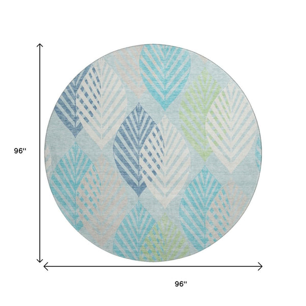 HomeRoots 8' Teal Ivory Green Floral Washable Round Rug with UV Protection for Indoor & Outdoor Living Spaces 662744
