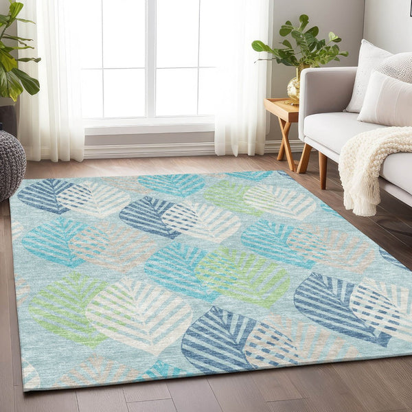 HomeRoots 9' X 12' Teal Ivory Green Floral Area Rug - Washable, UV-Protected, Stylish & Durable for Homes 662746