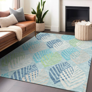 HomeRoots 9' X 12' Teal Ivory Green Floral Area Rug - Washable, UV-Protected, Stylish & Durable for Homes 662746