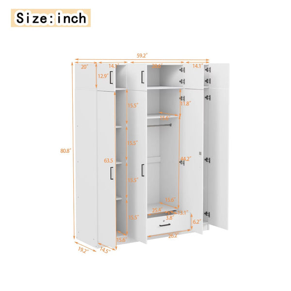 English Elm 4-door Wardrobe with Top Cabinet Locking Drawer Tall Bedroom Closet in White LP006006AAK