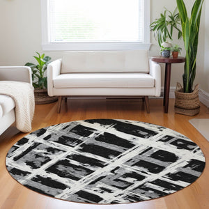 HomeRoots 8' Black and Silver Striped Round Rug - Washable, UV Protected, Durable for High-Traffic Areas 662762