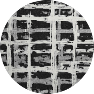 HomeRoots 8' Black and Silver Striped Round Rug - Washable, UV Protected, Durable for High-Traffic Areas 662762