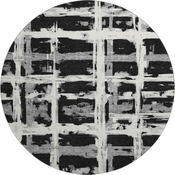 HomeRoots 8' Black and Silver Striped Round Rug - Washable, UV Protected, Durable for High-Traffic Areas 662762