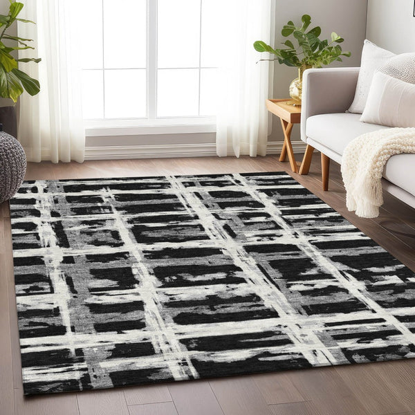 HomeRoots 8' X 10' Stylish Black & Silver Striped Area Rug - Washable, Stain Resistant, UV Protected, Durable Design 662763