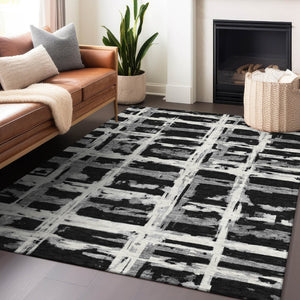 HomeRoots 8' X 10' Stylish Black & Silver Striped Area Rug - Washable, Stain Resistant, UV Protected, Durable Design 662763