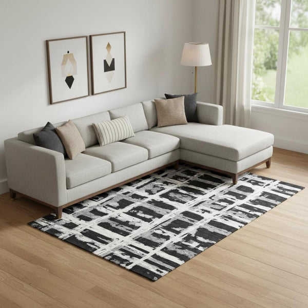 HomeRoots 9' X 12' Stylish Black & Silver Striped Washable Area Rug with UV Protection for High-Traffic Homes 662764