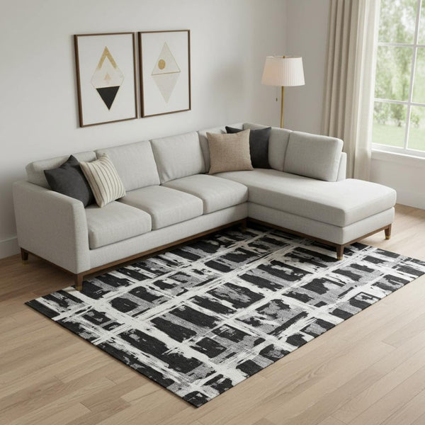 HomeRoots 9' X 12' Stylish Black & Silver Striped Washable Area Rug with UV Protection for High-Traffic Homes 662764