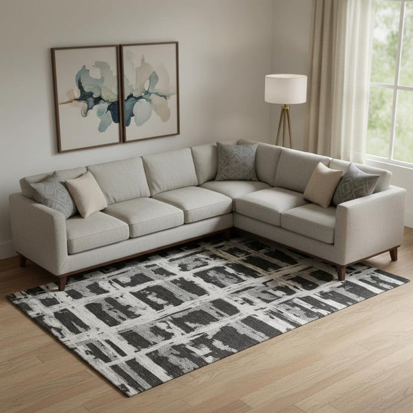 HomeRoots 10' X 14' Black and Silver Striped Washable Area Rug - Stain Resistant with UV Protection for Durability 662765