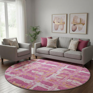 HomeRoots 8' Blush, Ivory & Orange Striped Washable Round Rug - UV Protected, Stain Resistant, Easy Care! 662768