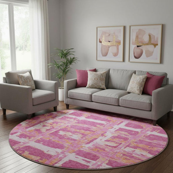 HomeRoots 8' Blush, Ivory & Orange Striped Washable Round Rug - UV Protected, Stain Resistant, Easy Care! 662768