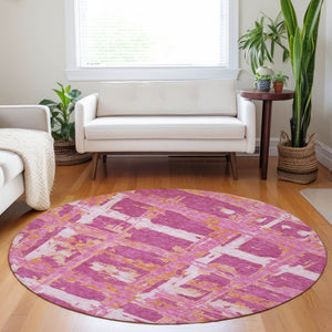 HomeRoots 8' Blush, Ivory & Orange Striped Washable Round Rug - UV Protected, Stain Resistant, Easy Care! 662768