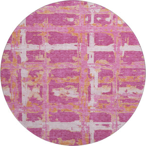 HomeRoots 8' Blush, Ivory & Orange Striped Washable Round Rug - UV Protected, Stain Resistant, Easy Care! 662768
