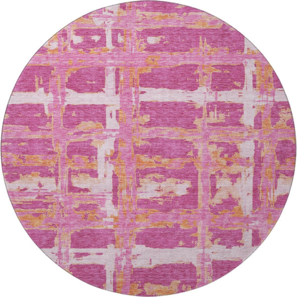 HomeRoots 8' Blush, Ivory & Orange Striped Washable Round Rug - UV Protected, Stain Resistant, Easy Care! 662768
