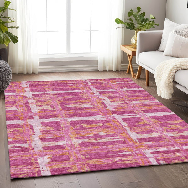 HomeRoots 9' X 12' Stylish Blush Ivory Orange Striped Washable Area Rug with UV Protection for Everyday Use 662770