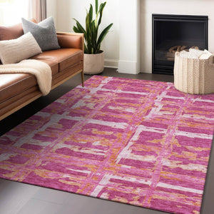 HomeRoots 9' X 12' Stylish Blush Ivory Orange Striped Washable Area Rug with UV Protection for Everyday Use 662770