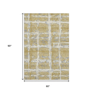 HomeRoots 5' X 8' Elegant Gold Ivory Gray Striped Washable Area Rug – Stain Resistant & UV Protected Design 662773