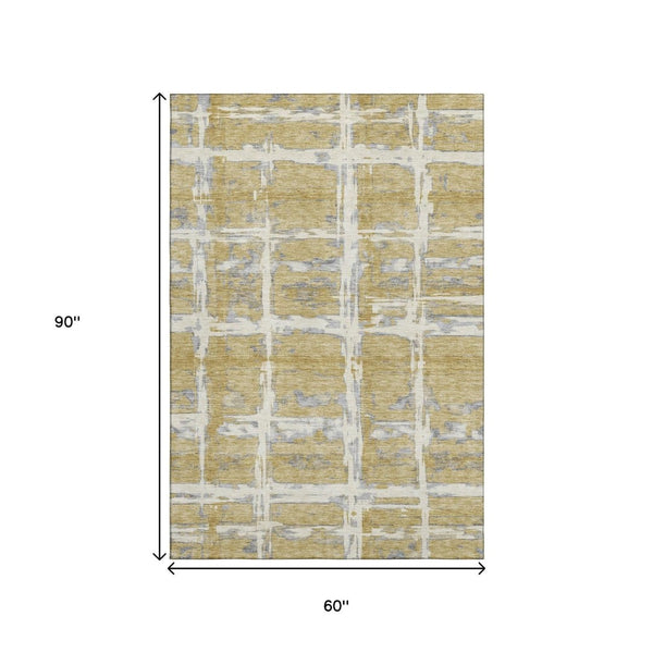 HomeRoots 5' X 8' Elegant Gold Ivory Gray Striped Washable Area Rug – Stain Resistant & UV Protected Design 662773
