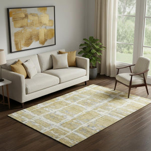 HomeRoots 5' X 8' Elegant Gold Ivory Gray Striped Washable Area Rug – Stain Resistant & UV Protected Design 662773
