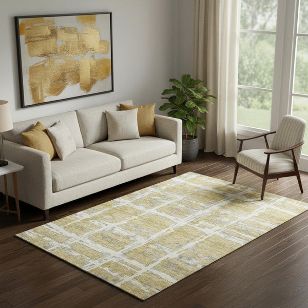 HomeRoots 5' X 8' Elegant Gold Ivory Gray Striped Washable Area Rug – Stain Resistant & UV Protected Design 662773
