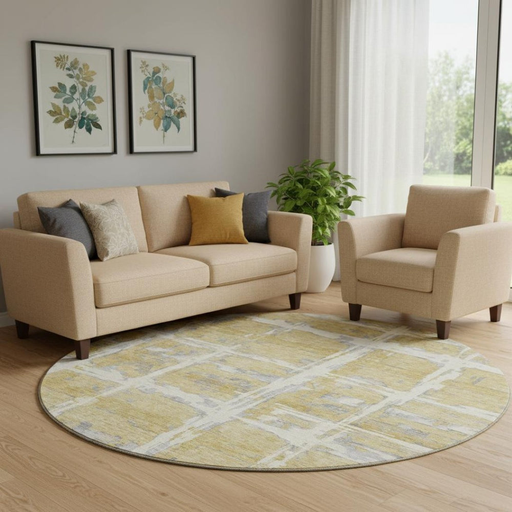 HomeRoots 8' Gold, Ivory & Gray Striped Round Rug - Washable, UV Protected, Durable for Kids & Pets' Homes 662774