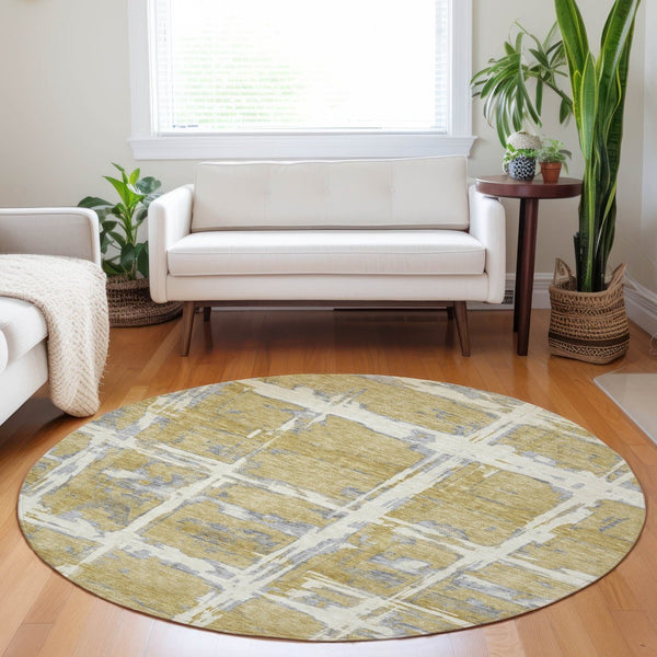 HomeRoots 8' Gold, Ivory & Gray Striped Round Rug - Washable, UV Protected, Durable for Kids & Pets' Homes 662774