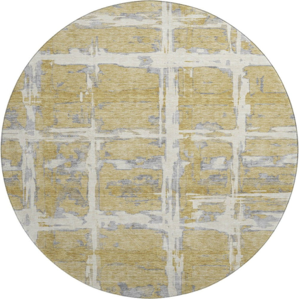 HomeRoots 8' Gold, Ivory & Gray Striped Round Rug - Washable, UV Protected, Durable for Kids & Pets' Homes 662774