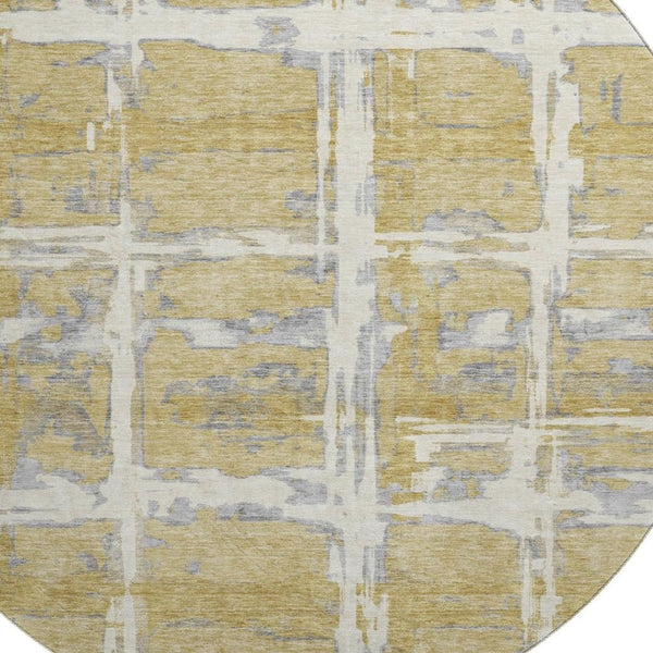 HomeRoots 8' Gold, Ivory & Gray Striped Round Rug - Washable, UV Protected, Durable for Kids & Pets' Homes 662774