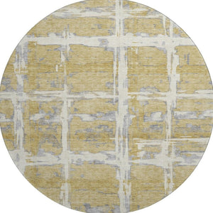 HomeRoots 8' Gold, Ivory & Gray Striped Round Rug - Washable, UV Protected, Durable for Kids & Pets' Homes 662774