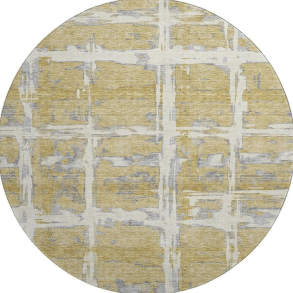 HomeRoots 8' Gold, Ivory & Gray Striped Round Rug - Washable, UV Protected, Durable for Kids & Pets' Homes 662774