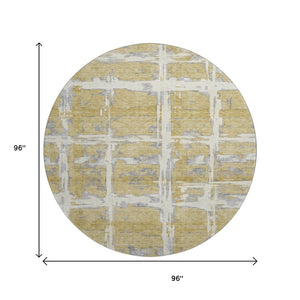 HomeRoots 8' Gold, Ivory & Gray Striped Round Rug - Washable, UV Protected, Durable for Kids & Pets' Homes 662774
