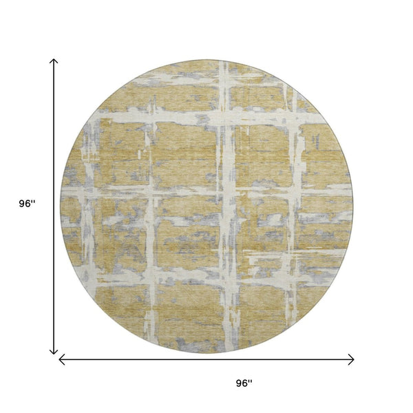 HomeRoots 8' Gold, Ivory & Gray Striped Round Rug - Washable, UV Protected, Durable for Kids & Pets' Homes 662774