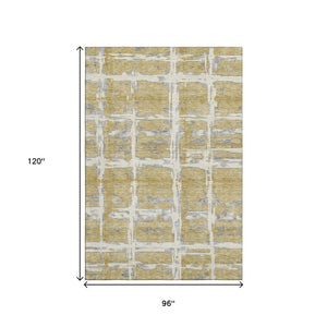 HomeRoots 8' X 10' Striped Washable Area Rug in Gold, Ivory & Gray - Durable, Stylish, UV Protected Design 662775