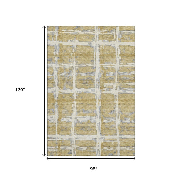 HomeRoots 8' X 10' Striped Washable Area Rug in Gold, Ivory & Gray - Durable, Stylish, UV Protected Design 662775