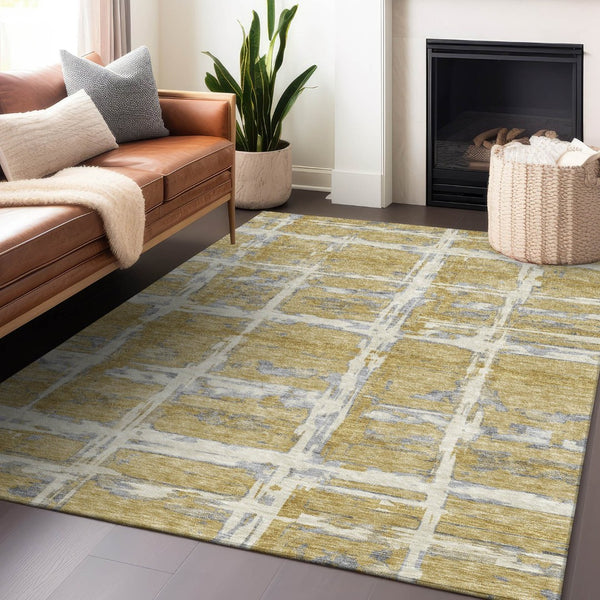 HomeRoots 8' X 10' Striped Washable Area Rug in Gold, Ivory & Gray - Durable, Stylish, UV Protected Design 662775