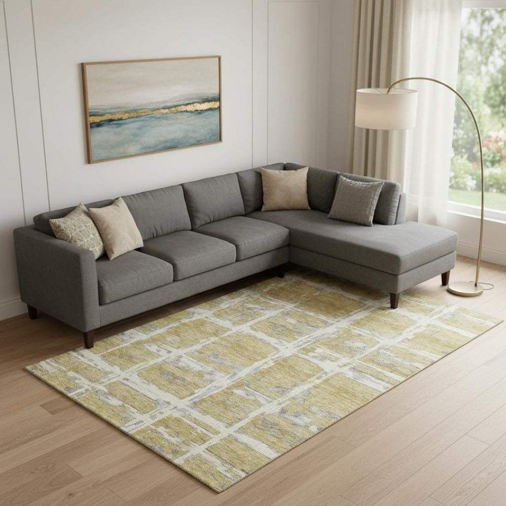 HomeRoots 9' X 12' Gold Ivory Gray Striped Washable Area Rug - Stain Resistant, UV Protected & Durable Design 662776