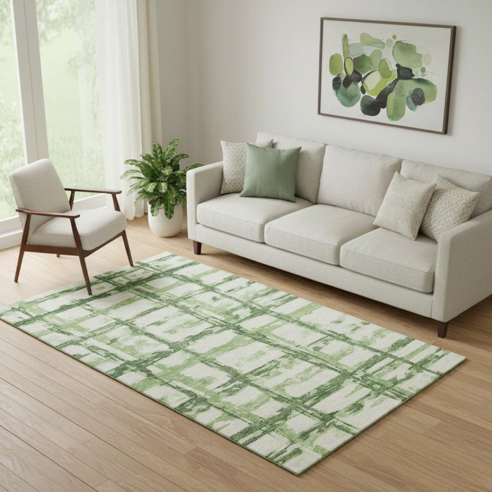 HomeRoots 5' X 8' Green and Ivory Striped Area Rug - Washable, UV Protected, Stylish & Durable for Family Homes 662779
