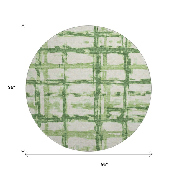 HomeRoots 8' Striped Green and Ivory Washable Round Rug with UV Protection - Stylish, Durable, and Easy Care! 662780