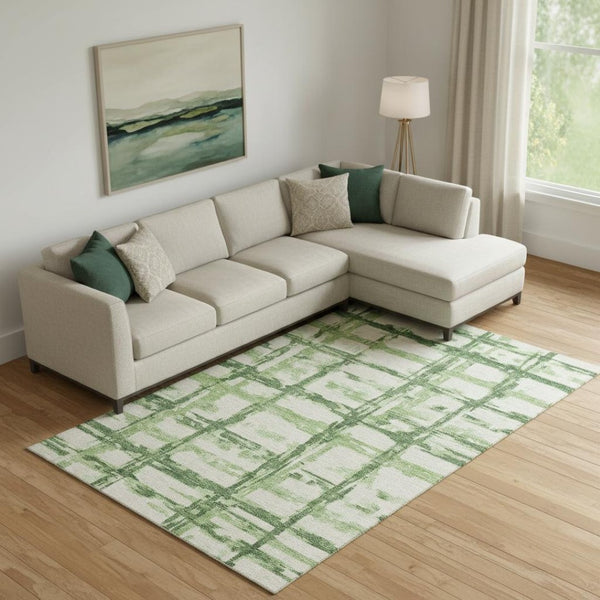 HomeRoots 8' X 10' Green And Ivory Striped Washable Area Rug – Durable, UV-Protected, Perfect for High-Traffic Spaces 662781