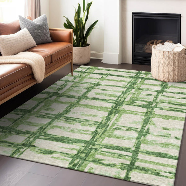 HomeRoots 10' Green and Ivory Striped Washable Area Rug - UV Protected, Stain-Resistant, Ideal for High-Traffic Areas 662783