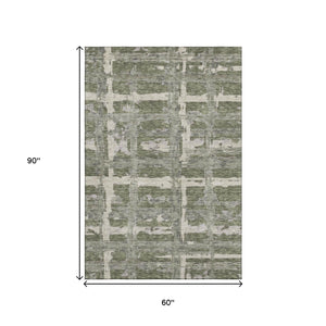 HomeRoots 5' Olive Green & Beige Striped Washable Area Rug - UV Protected, Stain Resistant for High-Traffic Rooms 662791