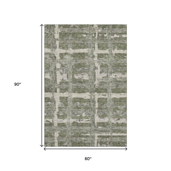HomeRoots 5' Olive Green & Beige Striped Washable Area Rug - UV Protected, Stain Resistant for High-Traffic Rooms 662791