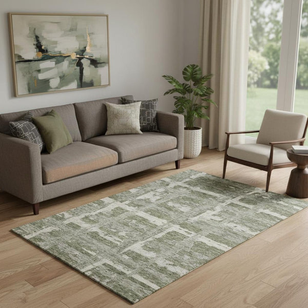 HomeRoots 5' Olive Green & Beige Striped Washable Area Rug - UV Protected, Stain Resistant for High-Traffic Rooms 662791