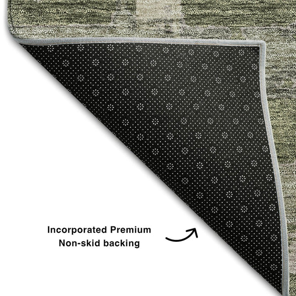 HomeRoots 5' Olive Green & Beige Striped Washable Area Rug - UV Protected, Stain Resistant for High-Traffic Rooms 662791