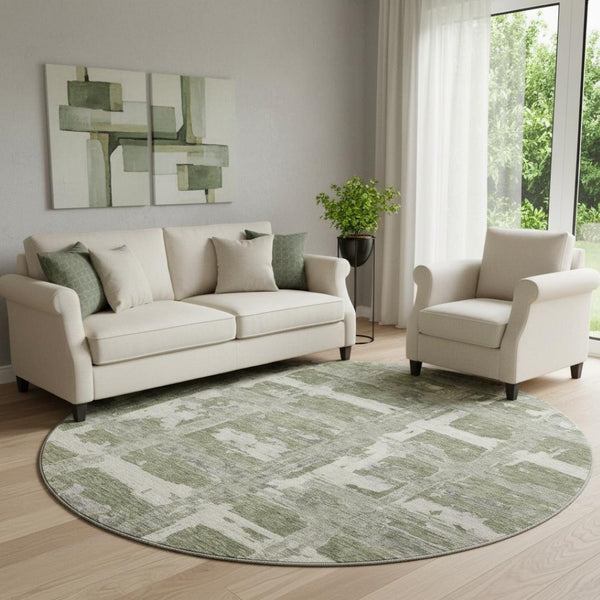 HomeRoots 8' Olive Green and Beige Striped Washable Round Rug with UV Protection - Durable, Stylish, Easy Care! 662792